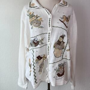 Vintage 90s Christmas Cardigan Sweater Cottagecore Cream size XXL